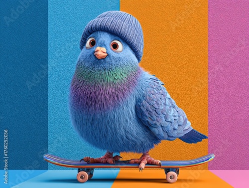 Cartoon Blue Pigeon with Skateboard - Trendy Creative Art Material