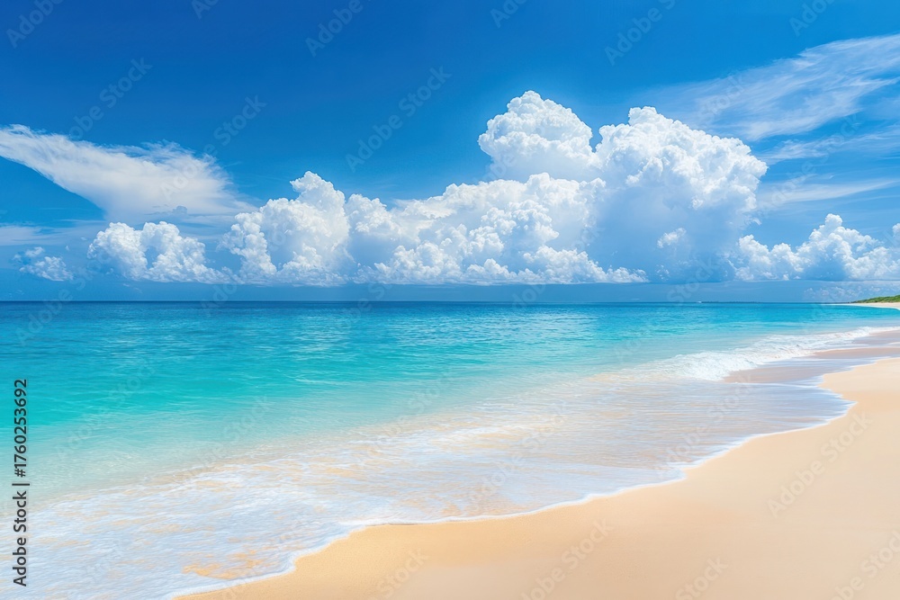 Fototapeta premium Bright sunny beach with gentle waves washing onto golden sand under a vibrant blue sky filled with large fluffy white clouds