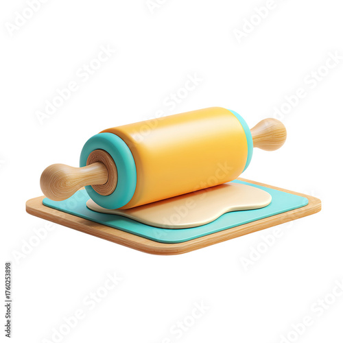3D Baking Rolling Pin Flattening Dough on Cutting Board.