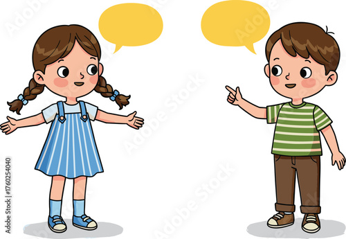 Cartoon kids talking with speech bubbles, happy boy and girl conversation illustration, communication, education, friendship, learning, dialogue concept, children discussion art