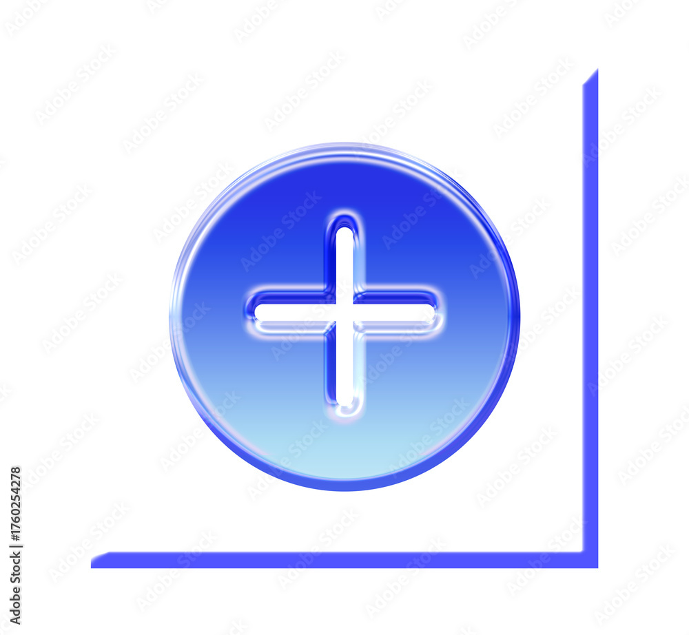 Fototapeta premium A Glossy 3D Blue Plus Glassmorphism effect Icon with a Shiny Rim, symbolizing the action of adding, creating, or expanding, serving as a shiny button for a software menu, Provided as a Transparent PNG