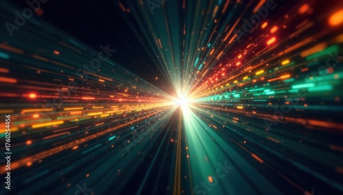 Abstract representation of cascading data packets or digital signals flowing through a stylized, glowing tunnel. An abstract, stylized tunnel of light with cascading, glowing digital packets or data