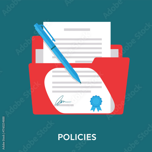 Vector illustration of red folder containing documents with a pen on top, representing policies and procedures, set against a teal background, flat vector design
