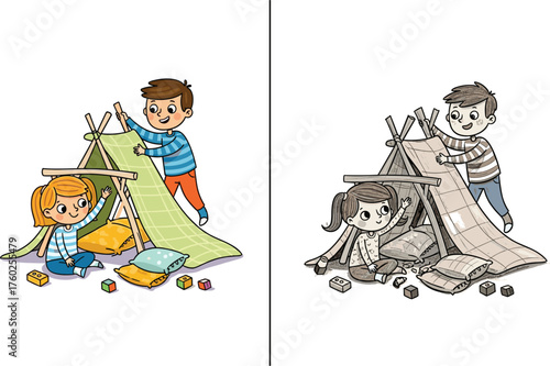 Happy children building indoor blanket tent, creative kids playtime at home, teamwork and friendship, colorful and black and white comparison illustration