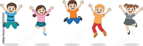 Happy joyful children jumping together, smiling kids in colorful clothes, fun childhood moment, isolated on white background, vector cartoon illustration, happiness concept