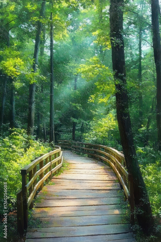 Fototapeta premium Sunlit wooden boardwalk winding through lush green forest with tall trees and dense foliage creating a peaceful, serene atmosphere
