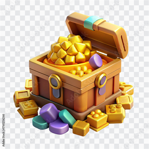 Voxel Pixel Style 3D Treasure Chest | Overflowing Gold Coins, Pirate Loot & Retro Cube Art