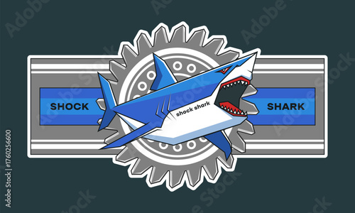 Vector sticker. Cartoon angular terrifying shocked stylistic shark with gaping toothy maw. Circular saw blade. Logo or emblem. Underwater toon predator