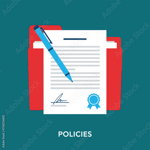 Vector illustration of policies and procedures document with pen and seal in a folder, representing rules, regulations, and guidelines for business and governance