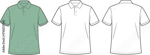 Classic polo shirt flat sketch, short sleeve button placket t-shirt CAD drawing, vector fashion apparel design, clothing technical illustration