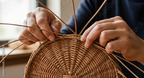 Close-up of hands weaving a wicker basket with