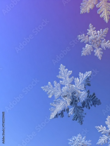 Snowflakes gently float downward, creating a serene scene against a gradient sky. The delicate frost patterns are highlighted beautifully.