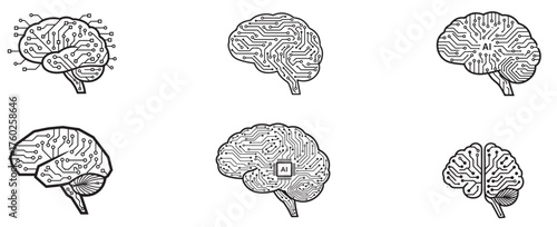 Circuit board brains. Artificial intelligence microchip, AI chip and digital brain processor vector illustration set
