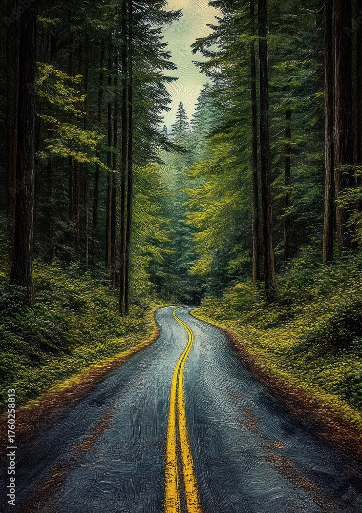 Fototapeta premium Winding road cutting through a dense green forest with tall trees under a cloudy sky