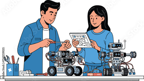 Cartoon illustration of robotics project, two people building and programming wheeled robots,