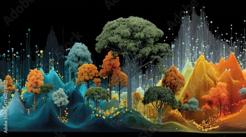 Vibrant forest landscape with dynamic colors and modern data visualization elements creating a stunning nature technology fusion, perfect for innovative campaigns and creative projects