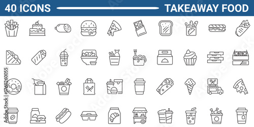 Set of line icons related to takeaway food, junk food, fast food, takeout foot, street food. Outline icon collection. Editable stroke. Vector illustration