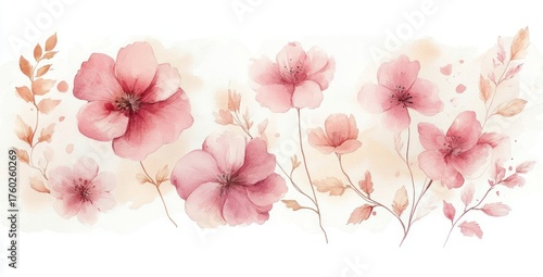 Delicate watercolor painting of various soft pink flowers and light brown leaves on a white background evoking a gentle and peaceful mood