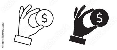 Hand holding dollar coin Icon. hand hold coin icons in black filled and outlined style. Vector illustration.