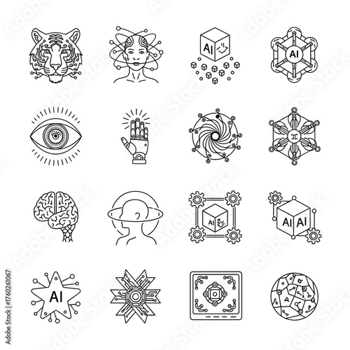 Collection of Cybernetics and Abstract Technology Linear Icons, Including robotic masks, circuits, optical eyes, and futuristic symbols.