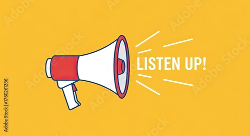 A red and white megaphone with sound waves emanating from it, displaying the text 