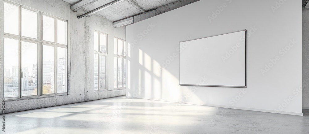 Fototapeta premium Empty bright modern room with large windows and a blank white rectangular canvas on the wall bathed in natural sunlight