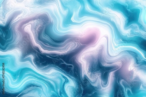 Abstract fluid art pattern with swirling shades of blue, turquoise, white, and soft pink creating a calming and dreamy visual effect