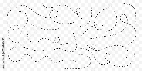 Hand drawn dot line path doodle. Dashed arrow set. Vector doodle dot line. Dotted hand drawn arrow. Doodle arrows of various shapes and directions. Path travel dotted line trip dashed best collection.