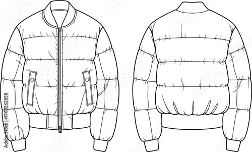 Front and back bomber puffer jacket technical flat sketch, winter outerwear fashion design template, quilted warm coat vector, cad drawing flat vector illustration
