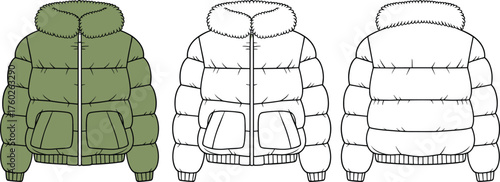 Front and back fur collar puffer jacket technical flat sketch, warm winter outerwear fashion design template, quilted coat vector, cad drawing flat vector illustration