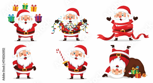 Cartoon Santa Claus characters in many funny poses and activities, vector illustration, white background, festive Christmas theme, bright colors, multiple Santas, different expressions and actions.