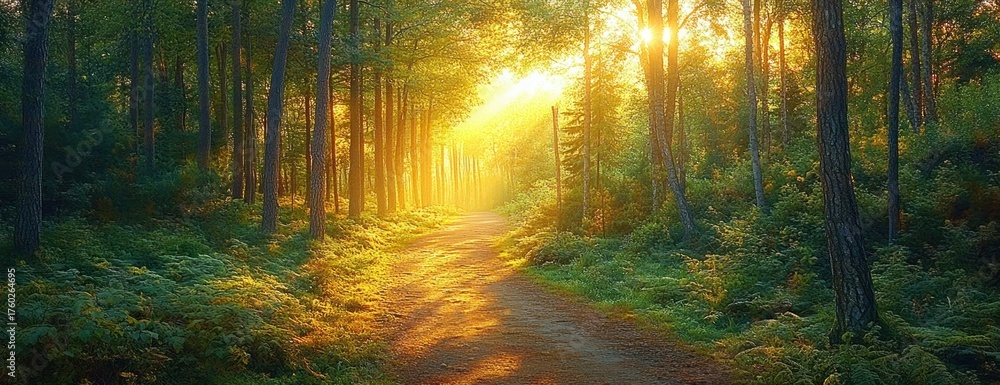Naklejka premium Sunlight shining through tall trees onto a forest path surrounded by green foliage during a peaceful early morning