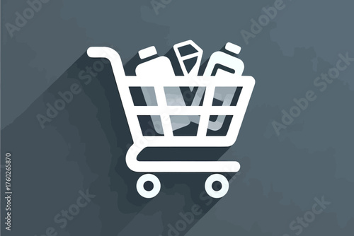 Shopping cart contains various products on gray background with shadow