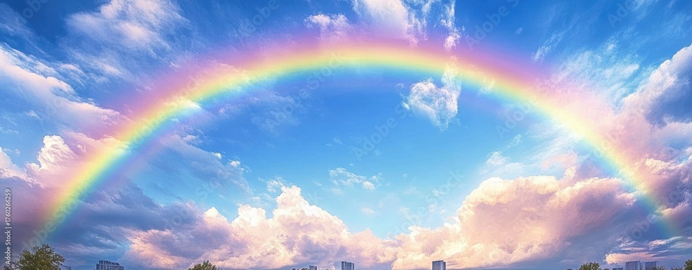Naklejka premium Vivid full rainbow arching across a blue sky with scattered clouds over a city skyline with buildings and trees below