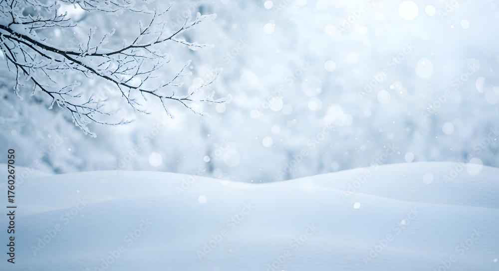 Fototapeta premium A tranquil winter scene showcases a pristine snow-covered landscape with delicate frost adorning bare tree branches, creating a peaceful and magical backdrop.