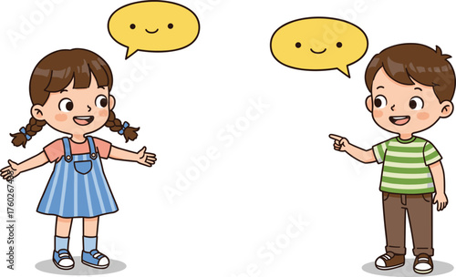 Children talking illustration, communication between kids, cartoon boy and girl conversation, speech bubble art, learning to talk concept, education