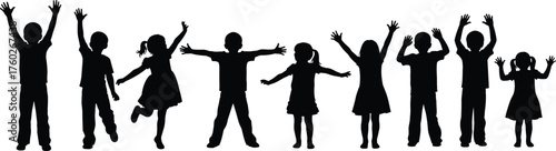 WebChildren silhouettes, joyful kids, playful group, happy childhood, raised arms, energetic pose, celebration moment, fun activity, black outline, white background, unity, motion