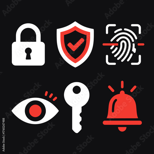 Collection of Security Icons Lock, Shield, Fingerprint, Eye, Key, and Alarm, perfect for websites, applications, and user interfaces