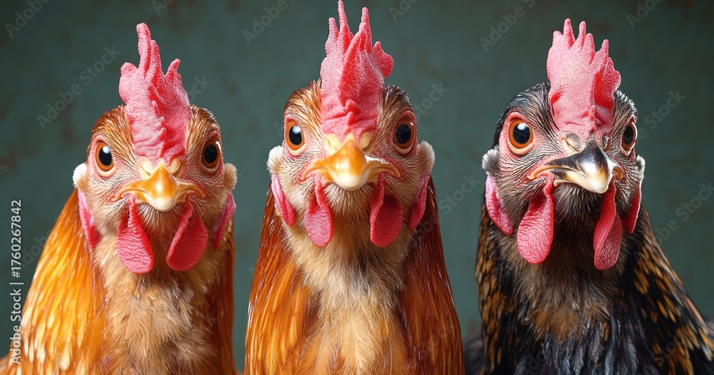 Naklejka premium Close-up view of three chickens with red combs and wattles, staring directly at the camera against a muted green background