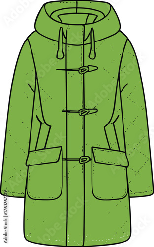 Green quilted hooded duffle coat with toggle buttons and front pockets, winter outerwear fashion template, cad drawing flat vector illustration