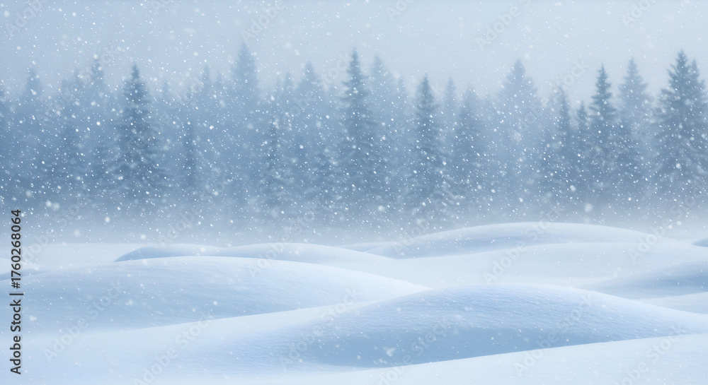 Fototapeta premium Delicate snowflakes gently fall over a pristine, snow-covered landscape featuring soft, rolling hills and a dense, mystical evergreen forest in the distance.