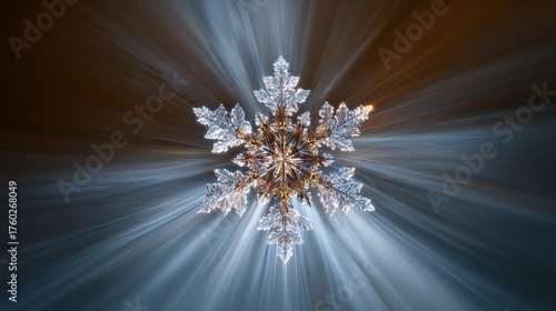 A snowflake with sharp, detailed edges glistens as soft light shines on it, creating an enchanting atmosphere that captures the essence of winter wonder.