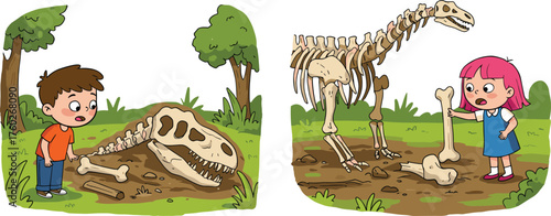 WCurious kids discovering dinosaur fossils, children learning paleontology outdoors, prehistoric bones exploration, educational science activity, ancient skeleton excavation, discovery adventureeb