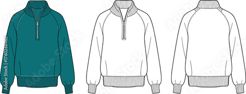 Half zip pullover sweatshirt front and back view, ribbed collar and cuffs casual wear design, cad drawing flat vector illustration