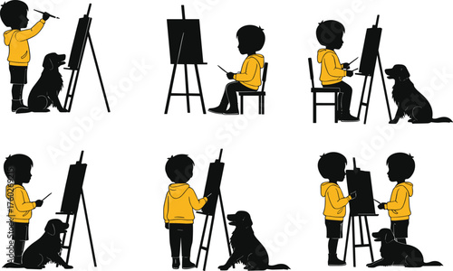 Child painting with dog, creative art moment, yellow hoodie kid, Labrador companion, peaceful indoor scene, canvas illustration, vector design