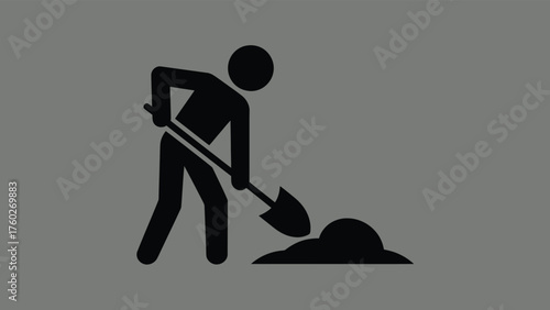 Construction Worker Icon with Shovel — Labor, Work in Progress, and Industry Symbol on Gray Background