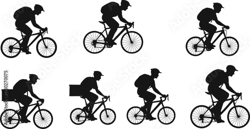 Cyclist silhouette, delivery rider, urban commute, bike courier, helmet, backpack, fast motion, black vector, transportation, side view, graphic art