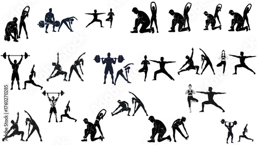 Collection of Gym and Fitness Silhouettes: Weightlifting, Stretching, Yoga Poses, Squats, Lifts, Diverse Athletes, Workout and Health Vector Set
