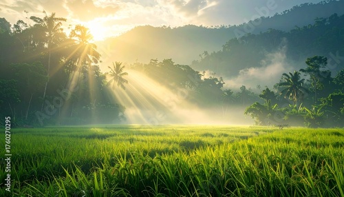 Sunbeams pierce through misty jungle landscape over a vibrant green field at sunrise, creating a serene and ethereal scene.