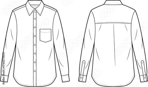 Long sleeve button up shirt, technical fashion flat, CAD drawing illustration, pointed collar, chest pocket, curved hem, garment construction, apparel design